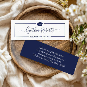 Navy Blue Script Classy Afstuderen Afstuderen Mini Visitekaartje