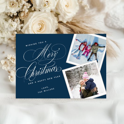 Navy Blue Script Collage Prettig Kerst Foto Feestdagenkaart