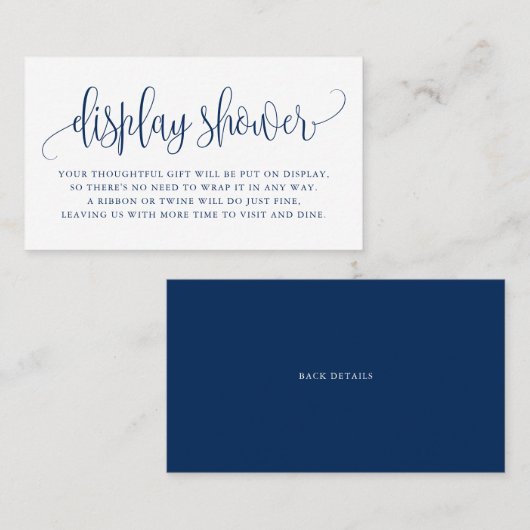 Navy Blue  Script Display Shower Visitekaartje (Voorkant / Achterkant)