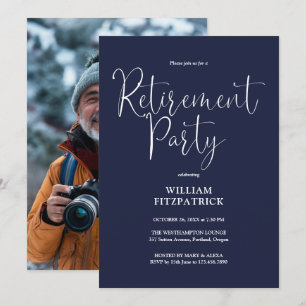 Navy Blue Script Foto Pensioenfeest Kaart