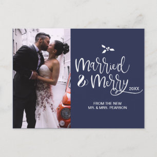 Navy Blue Script, gehuwd en vrolijk kerstfeest Feestdagenkaart