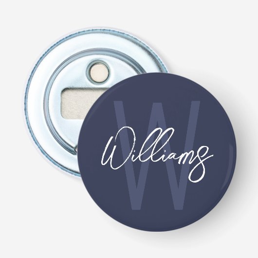 Navy Blue Script - Gepersonaliseerd monogram en na Button Flesopener (Voorkant)