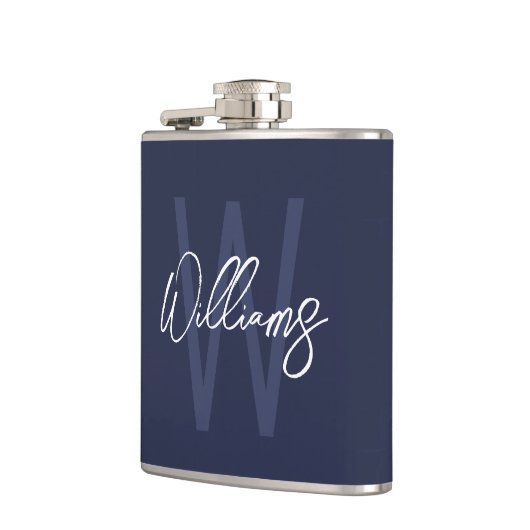 Navy Blue Script - Gepersonaliseerd monogram en na Heupfles (Links)
