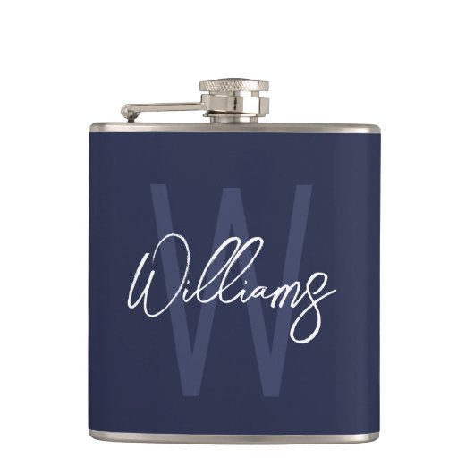 Navy Blue Script - Gepersonaliseerd monogram en na Heupfles (Voorkant)