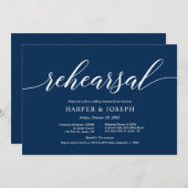 Navy Blue Script, Huwelijksrepetitie en diner Kaart (Voorkant / Achterkant)