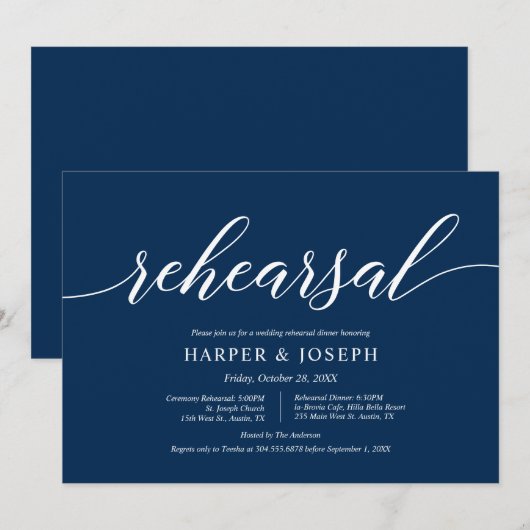Navy Blue Script, Huwelijksrepetitie en diner Kaart (Voorkant / Achterkant)