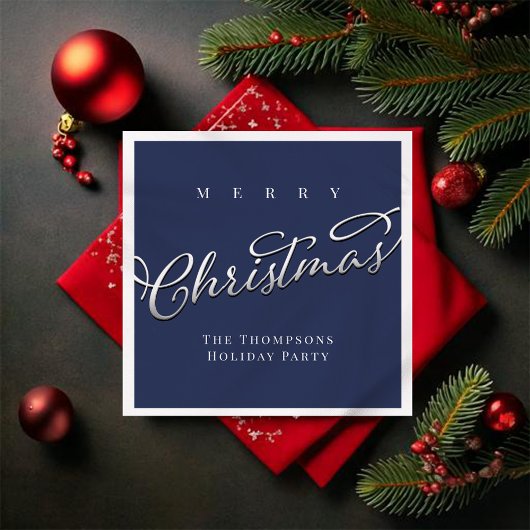 Navy Blue Script Merry Christmas Custom Servet