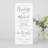 Navy Blue Script Minimalistische All-in-One Trouws Kaart (Staand voorkant)