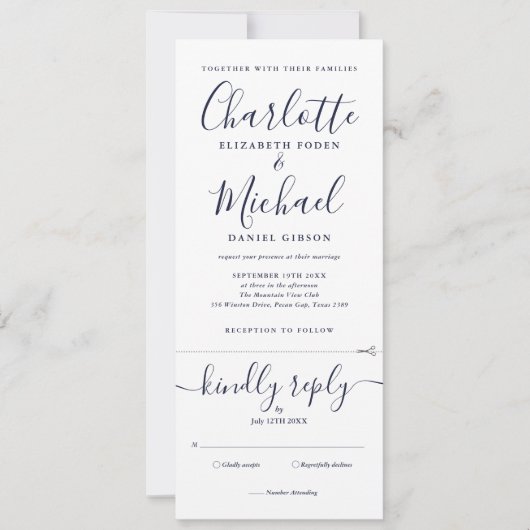 Navy Blue Script Minimalistische All-in-One Trouws Kaart (Voorkant)
