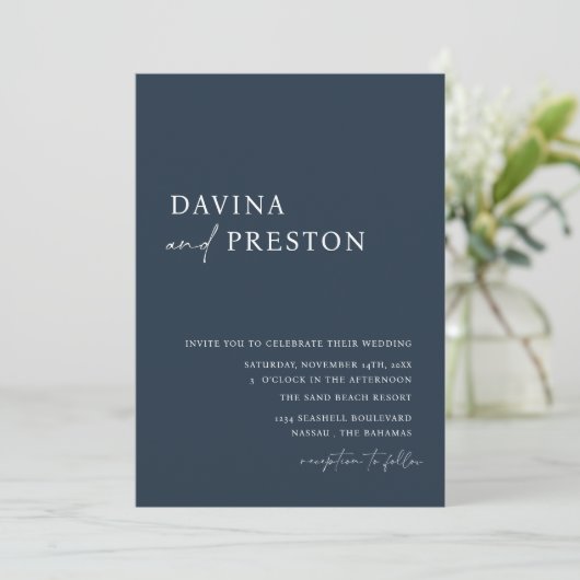 Navy Blue Script Modern Simple Photo Wedding Kaart (Staand voorkant)