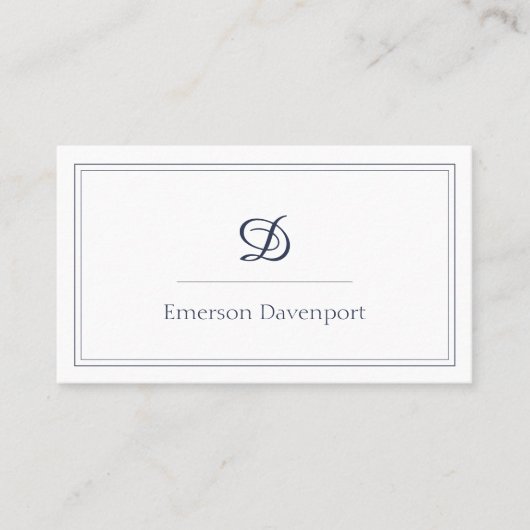 Navy Blue Script Monogram | Minimalistisch Visitekaartje (Voorkant)