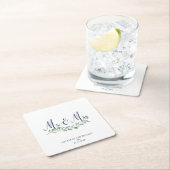 Navy Blue Script MR en MRS Greenery Wedding Kartonnen Onderzetters (Insitu)