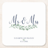Navy Blue Script MR en MRS Greenery Wedding Kartonnen Onderzetters (Voorkant)