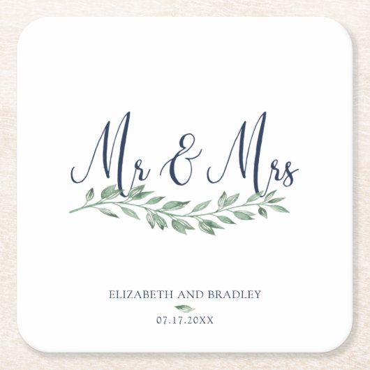 Navy Blue Script MR en MRS Greenery Wedding Kartonnen Onderzetters (Voorkant)