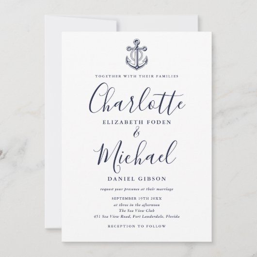 Navy Blue Script Nautical Anchor Photo Weddenschap Kaart (Voorkant)