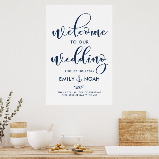Navy Blue Script Nautical Wedding Welkomstteken II Poster (Keuken)