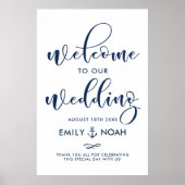Navy Blue Script Nautical Wedding Welkomstteken II Poster (Voorkant)