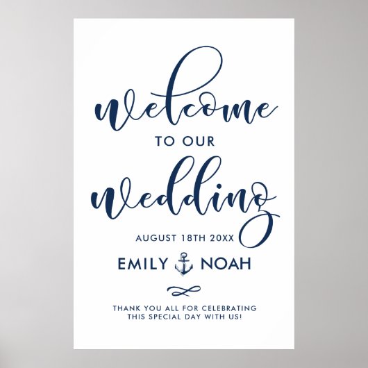 Navy Blue Script Nautical Wedding Welkomstteken II Poster (Voorkant)