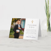 Navy Blue Script Photo Boy First Communion Folded Bedankkaart (Voorkant)