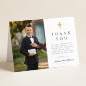 Navy Blue Script Photo Boy First Communion Folded Bedankkaart