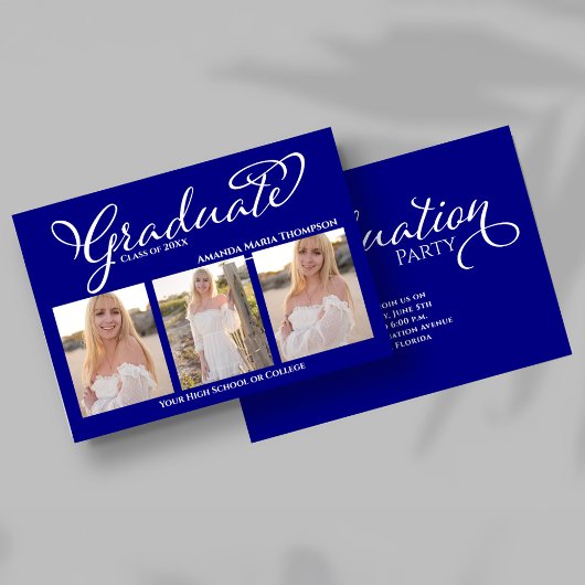 Navy Blue Script Photo Collage Graduation Card Kaart