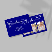 Navy Blue Script Photo Collage Graduation Card Kaart