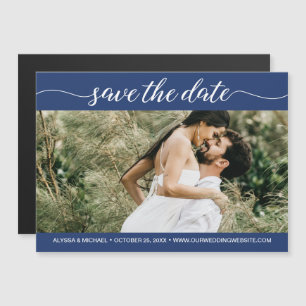 Navy Blue Script Photo Website om de datum op te s Magnetische Uitnodiging