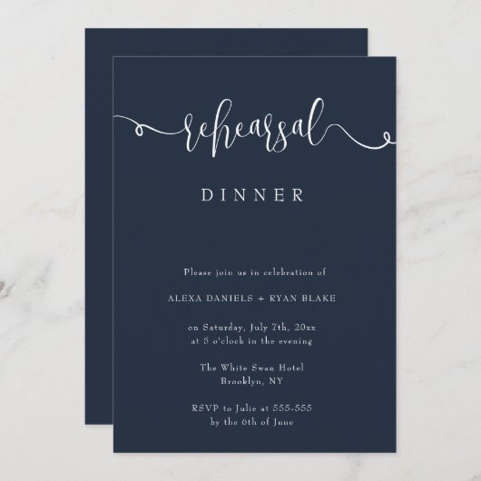 Navy Blue Script Rehearsal Dinner Invitation Kaart (Voorkant / Achterkant)