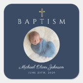 Navy Blue Script Religious Cross Boy Baptism Foto Vierkante Sticker (Voorkant)