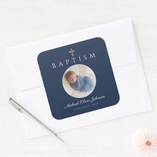 Navy Blue Script Religious Cross Boy Baptism Foto Vierkante Sticker (Envelop)