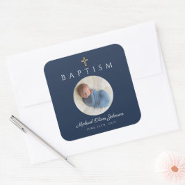 Navy Blue Script Religious Cross Boy Baptism Foto Vierkante Sticker