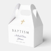 Navy Blue Script Religious Cross Boy Baptisme Bedankdoosjes (Voorkant Zijde)