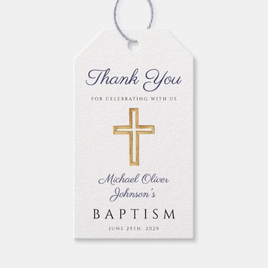 Navy Blue Script Religious Cross Boy Baptisme Cadeaulabel (Voorkant)