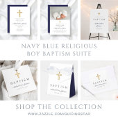 Navy Blue Script Religious Cross Boy Baptisme Cadeaulabel
