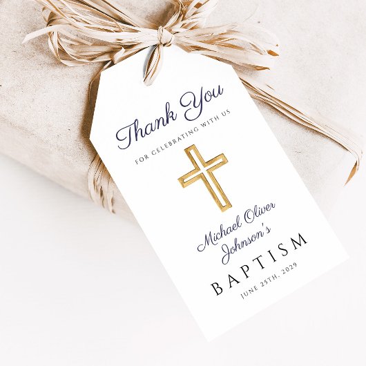 Navy Blue Script Religious Cross Boy Baptisme Cadeaulabel