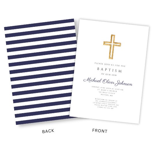 Navy Blue Script Religious Cross Boy Baptisme Kaart