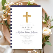 Navy Blue Script Religious Cross Boy Baptisme Kaart