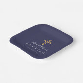 Navy Blue Script Religious Cross Boy Baptisme Papieren Bordje (Gebogen)