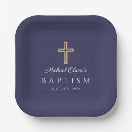 Navy Blue Script Religious Cross Boy Baptisme Papieren Bordje