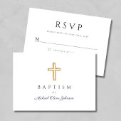 Navy Blue Script Religious Cross Boy Baptisme RSVP Kaartje