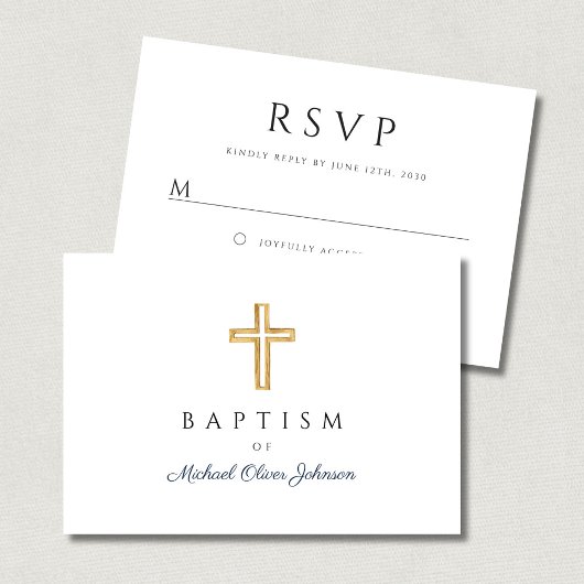 Navy Blue Script Religious Cross Boy Baptisme RSVP Kaartje