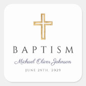 Navy Blue Script Religious Cross Boy Baptisme Vierkante Sticker (Voorkant)