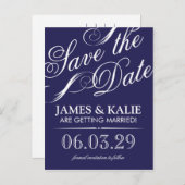 Navy Blue Script Save the Date Aankondigingskaart (Voorkant / Achterkant)