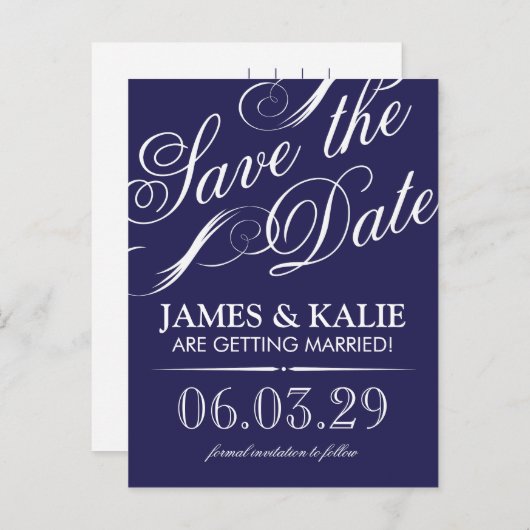 Navy Blue Script Save the Date Aankondigingskaart (Voorkant / Achterkant)