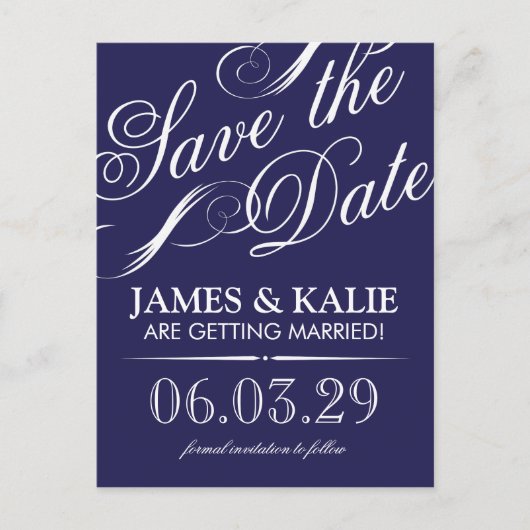 Navy Blue Script Save the Date Aankondigingskaart (Voorkant)