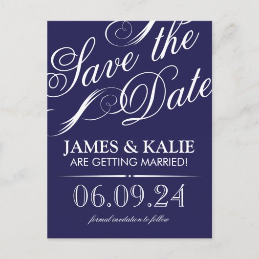Navy Blue  Script Save the Date Aankondigingskaart (Voorkant)