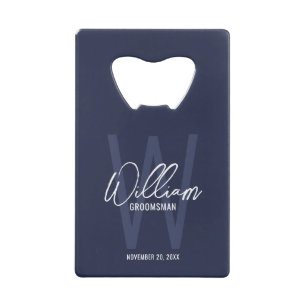 Navy Blue Script Specialized Groomsman's Name Creditkaart Flessenopener