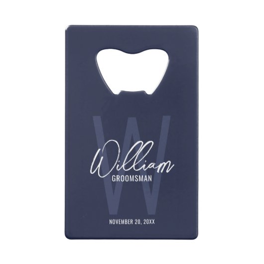 Navy Blue Script Specialized Groomsman's Name Creditkaart Flessenopener (Voorkant)