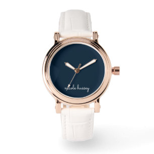 Navy Blue Script   Stijlvol Monogram Modern Horloge