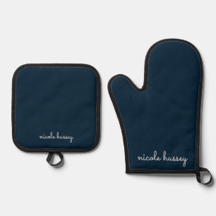 Navy Blue Script   Stijlvol Monogram Modern Ovenwant & Pannenlap Set